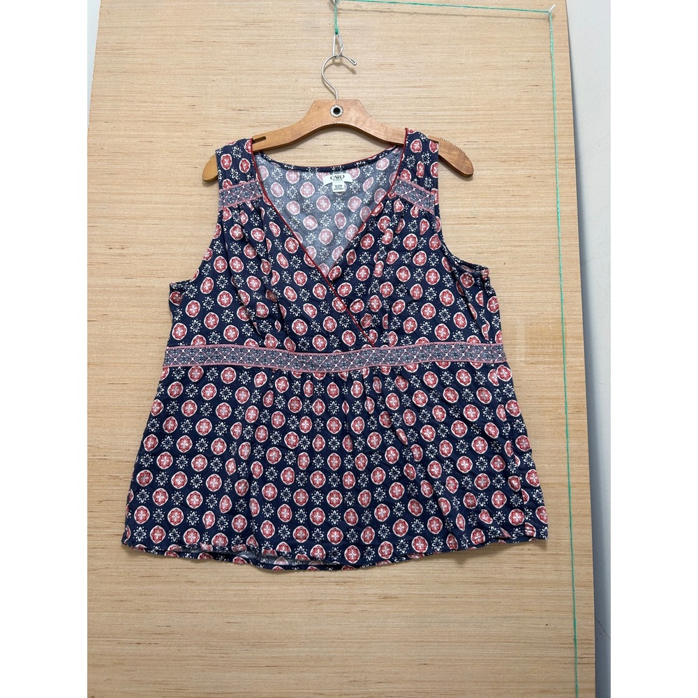 Cato Woman Navy Red Medallion Print‎ Sleeveless V-Neck Babydoll Top Plus 18/20W